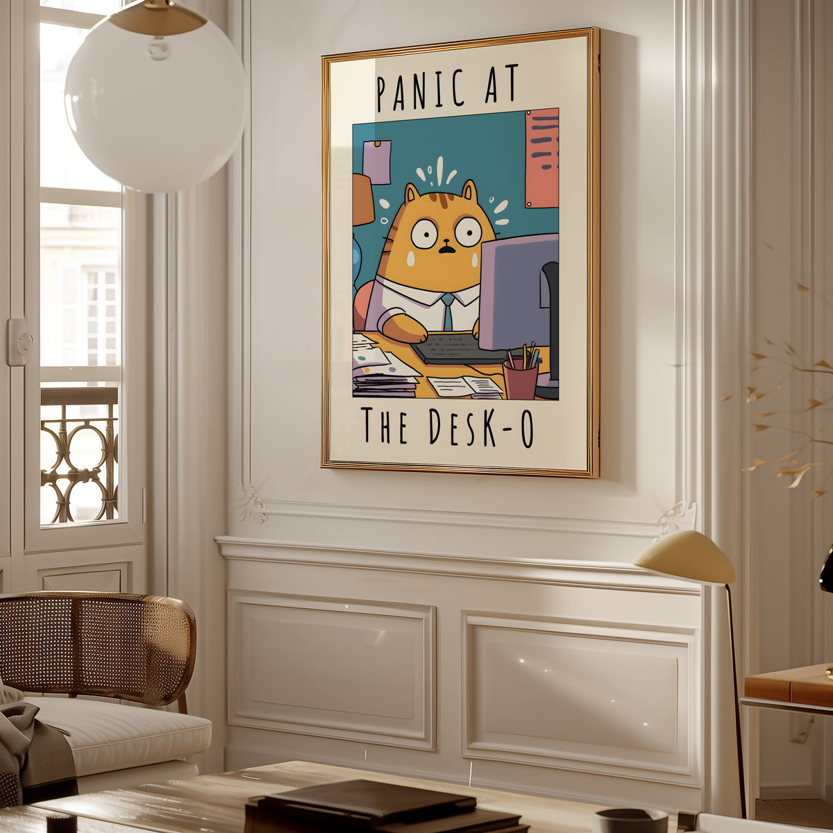 Corporate Panic Cat poster i inramad rumsmiljö – Bozetto konsttryck i hög kvalitet
