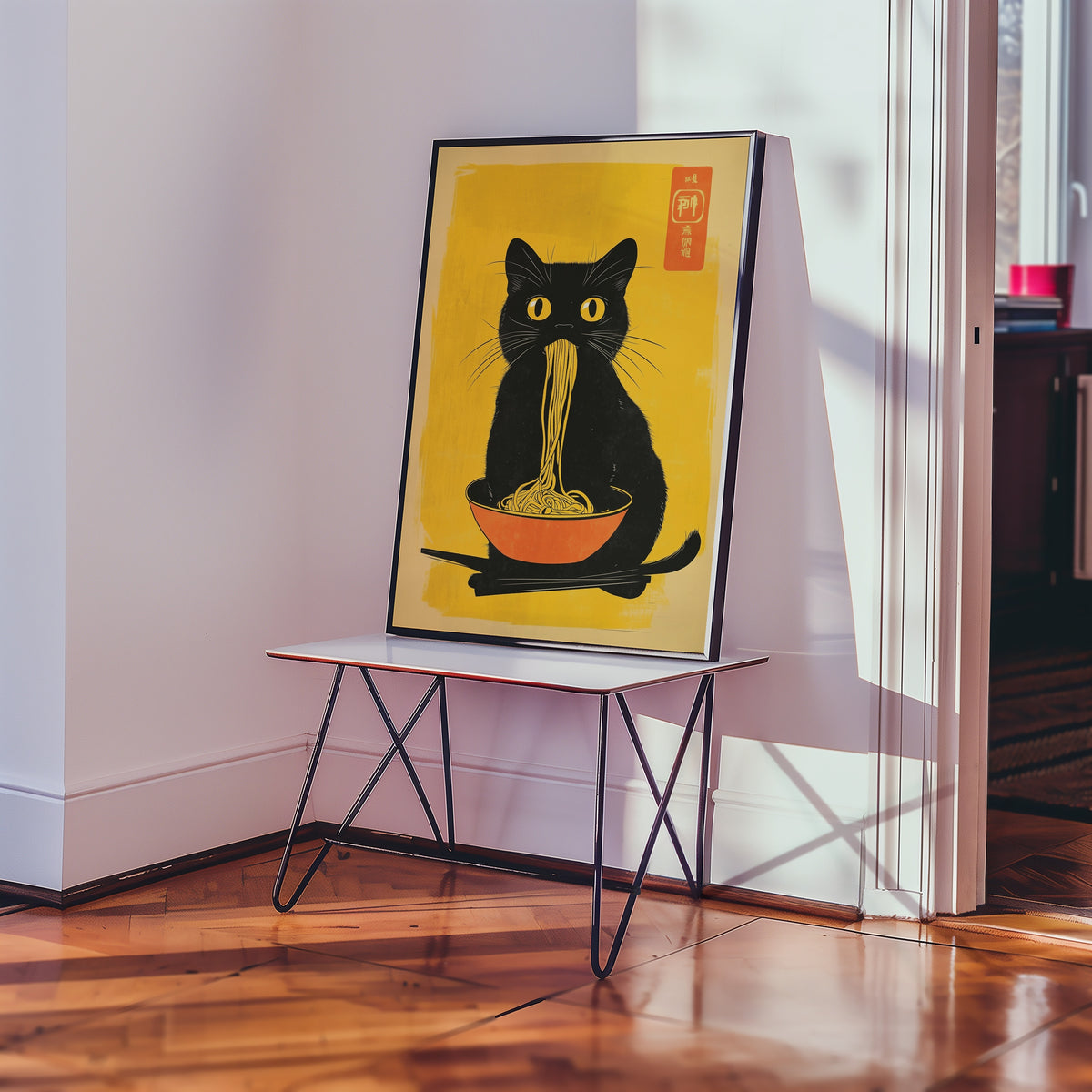 Black Cat Eats Noodle poster i ram i stilrent rum – Bozetto