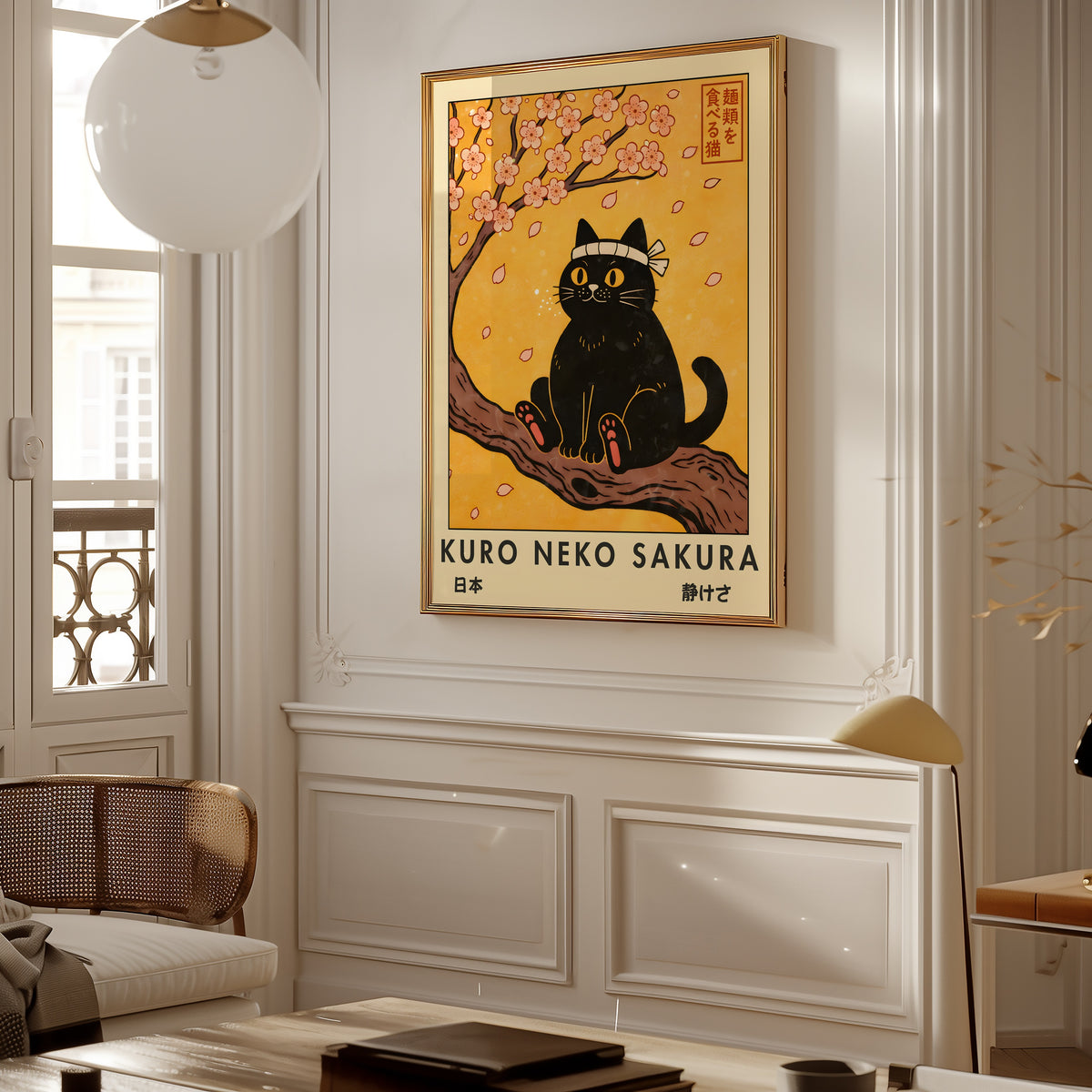 Kuro Neko Sakura Cat poster i ram i stilrent rum – Bozetto