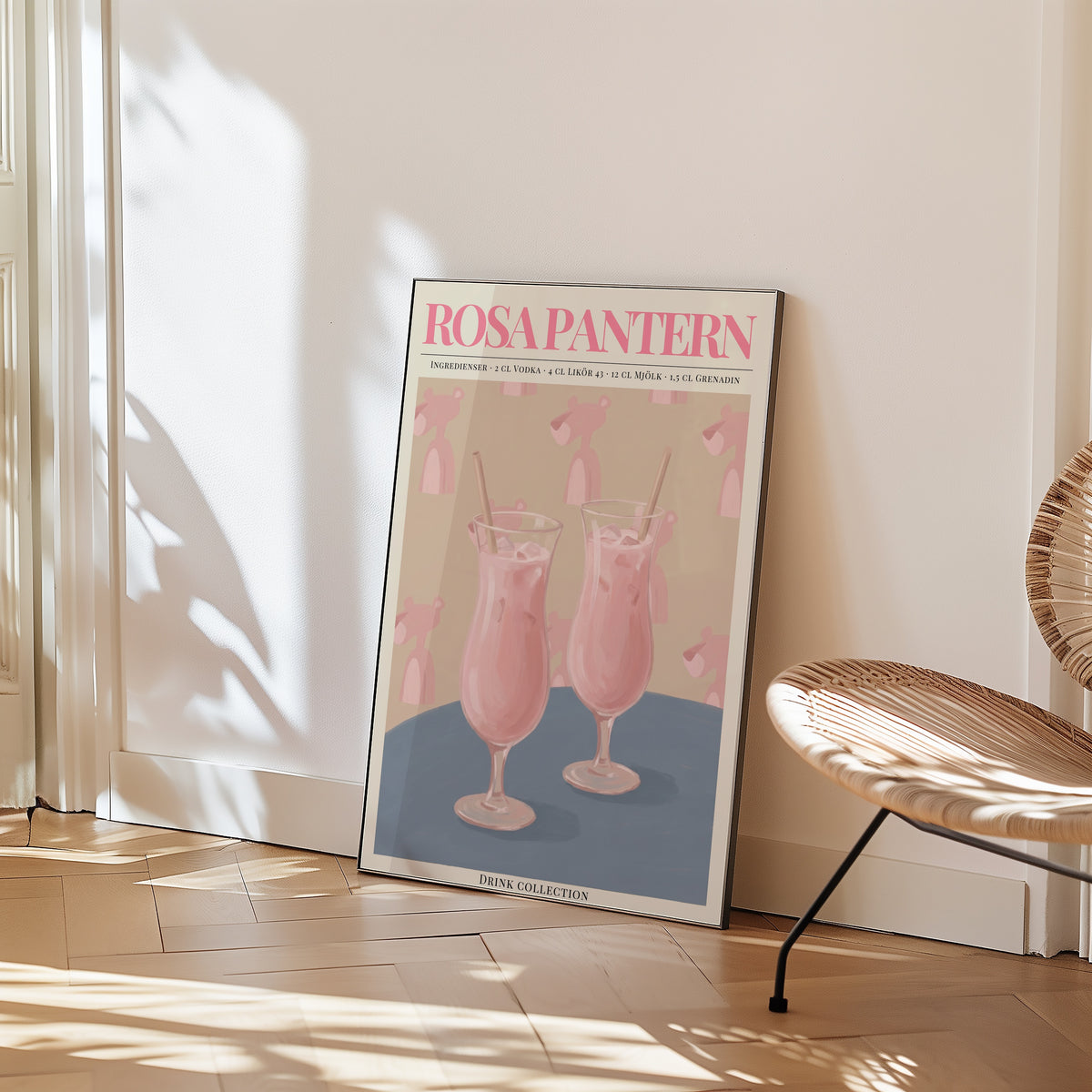 Rosa Pantern affisch i ljust vardagsrum – Bozetto
