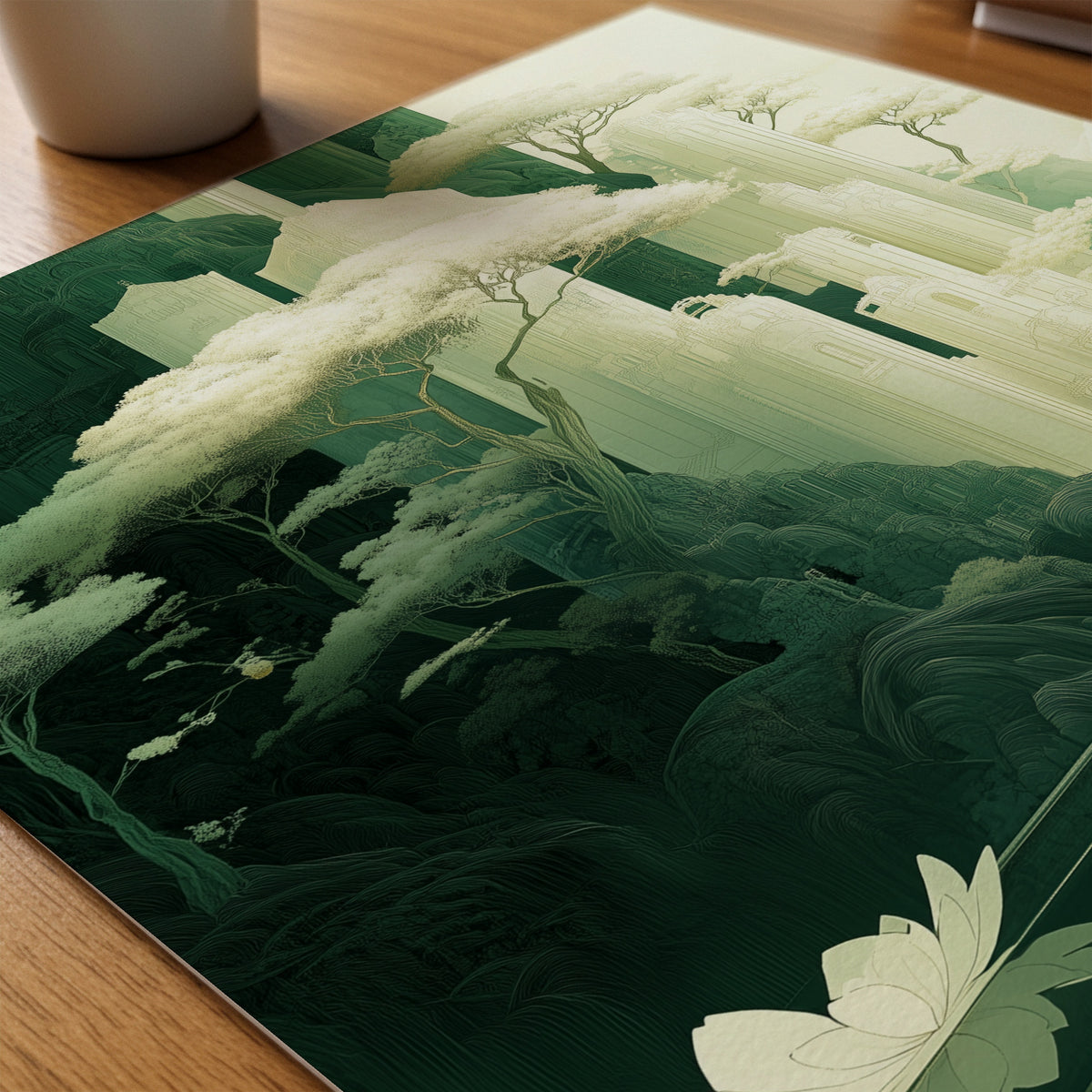 Serenity of the Forgotten Peaks poster på skrivbord, paper_desk – Bozetto