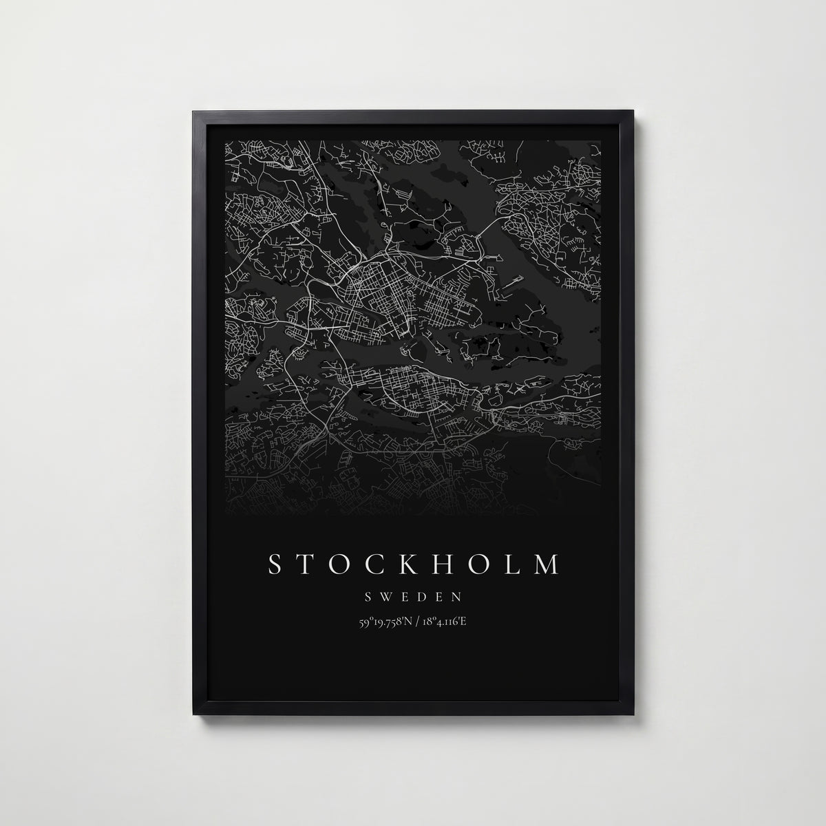 Mörk personlig stadskarta i svart ram