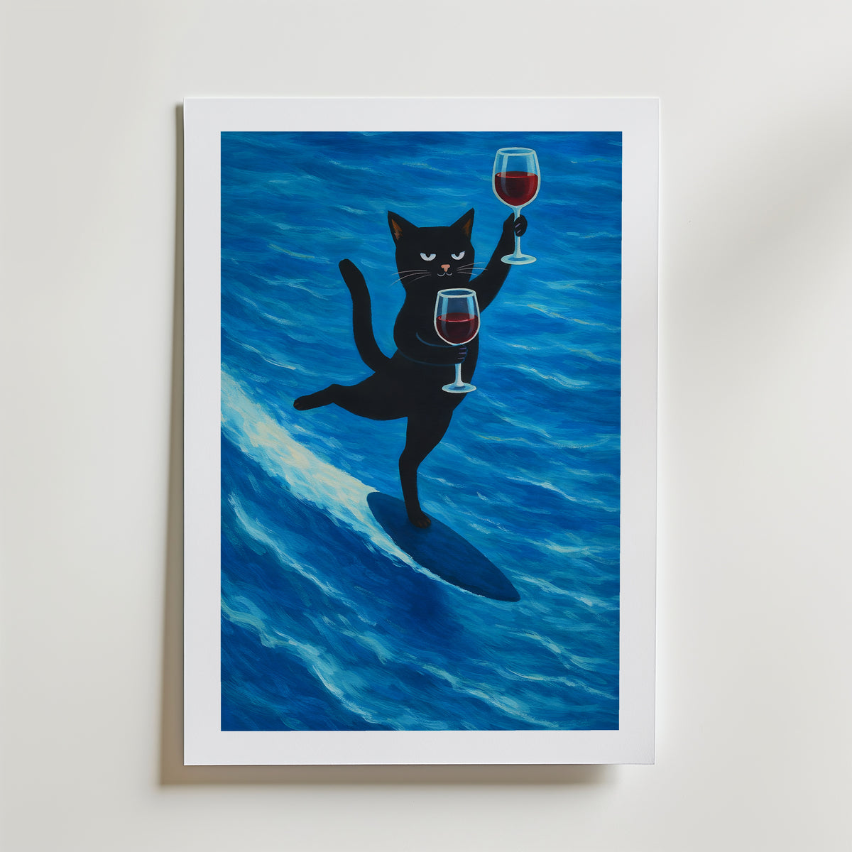 Surfing Wine Cat Poster – med passepartout