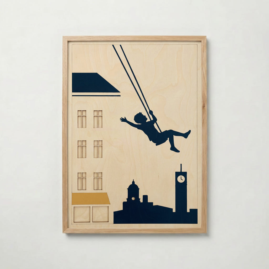 Skyline Swing Poster i ekram, gungande barn, tryckt i Sverige