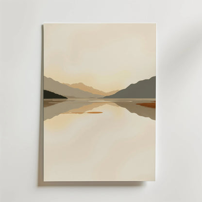 Silent Reflections Poster by Bozetto har en minimalistisk sjö och berg i mjukt beige och brunt, tryckt på FSC-certifierat premiumpapper med en lyxigt matt yta för en lugn och rofylld känsla.
