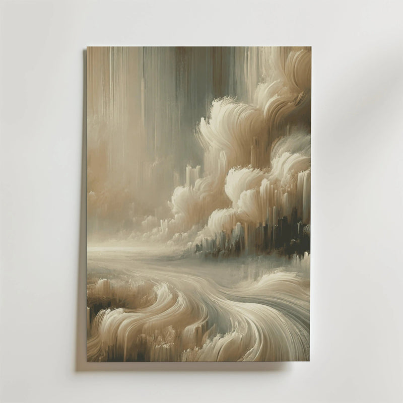 Golden Sky Poster från Bozetto har virvlande, molnliknande former och abstrakta vågor i mjuka beige och krämfärgade toner på en ljus bakgrund - ett eteriskt konstverk som ger elegans till alla rum.