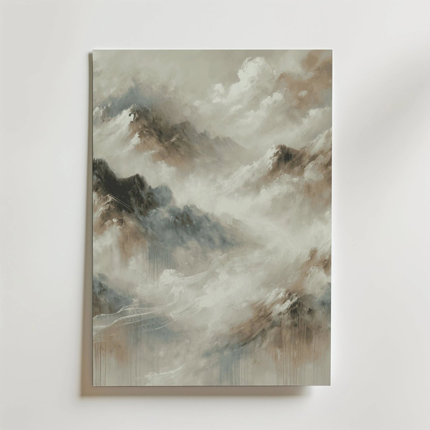 Mountains of Tranquility Poster by Bozetto fångar dimmiga toppar i mjuka nyanser, med virvlande moln för en eterisk look, tryckt på FSC-certifierat premiumpapper för hållbar kvalitet.