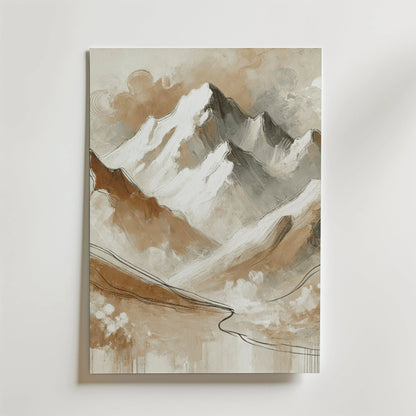 Abstrakt Mountains Poster från Bozetto föreställer snöklädda toppar i bruna och beige toner med skissliknande linjer och en slingrande stig mot en molnig himmel. Tryckt på FSC-certifierat premiumpapper för en lyxigt matt yta.