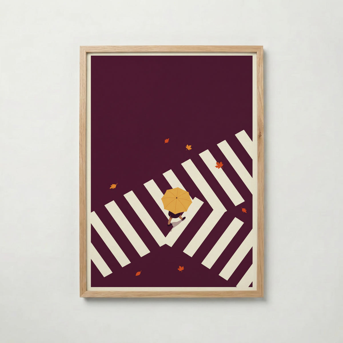 The Yellow Crossing affisch i ekram, minimalistiskt paraplymotiv från Bozetto