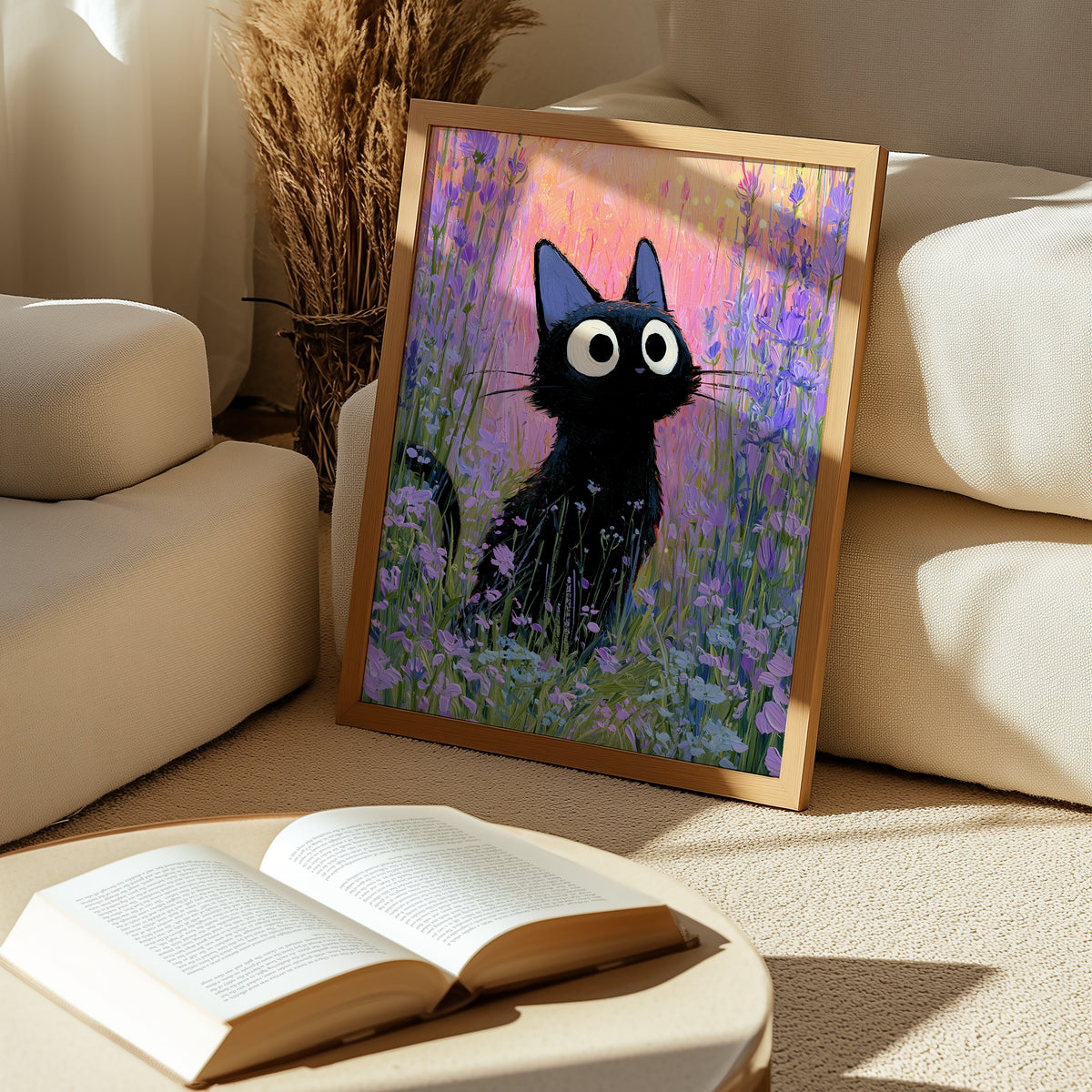 Cat in Violette Meadow Poster i ram på vägg i inrett rum