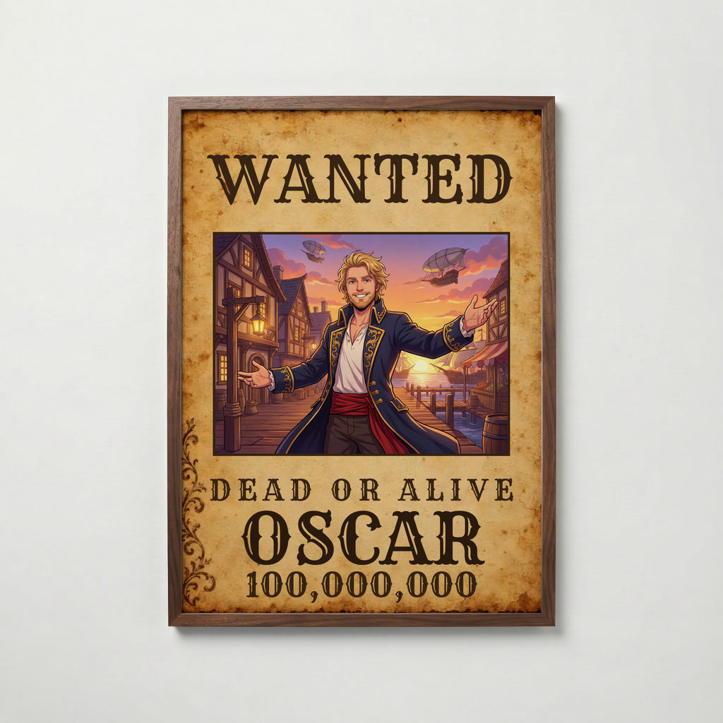 WANTED-animeposter i valnötsram