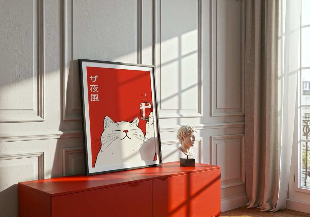 Midnight Toast Cat – stilfullt konsttryck från Bozetto, tryckt på matt finpapper