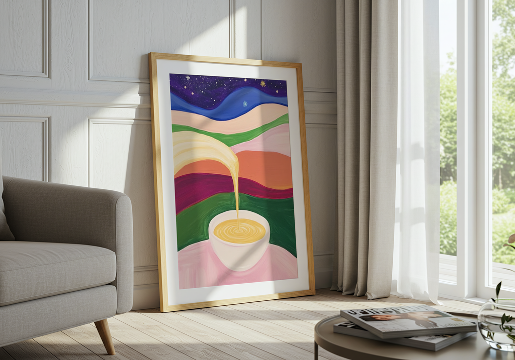 Retro Coffee in Space poster visad rakt fram – Bozetto affisch i hög tryckkvalitet